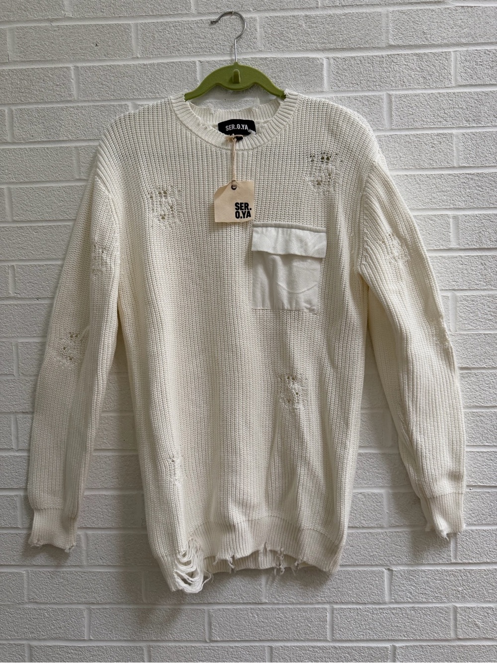 SER.O.YA Men’s Cream Distressed Crewneck Sweater with Patch Pocket